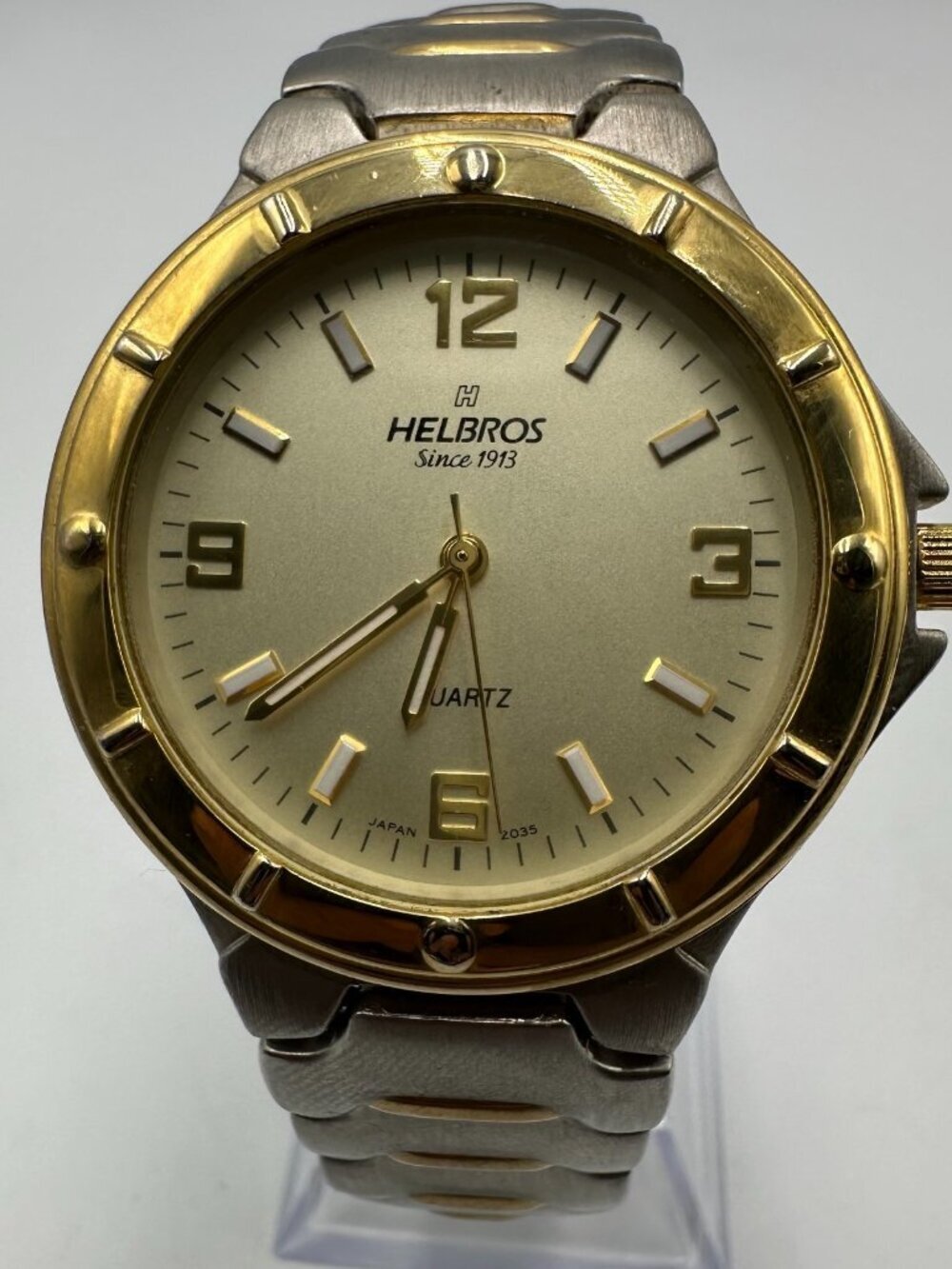 Helbros Watch Men Silver Gold Two Tone 38MM Round Dial New Battery 8.25 Inch